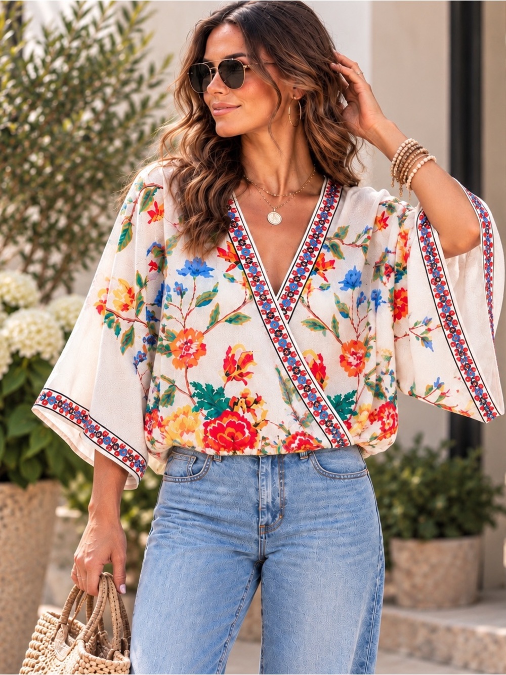 Flying Tomato Floral Faux Wrap Kimono Blouse Elastic Waist Boho Top L